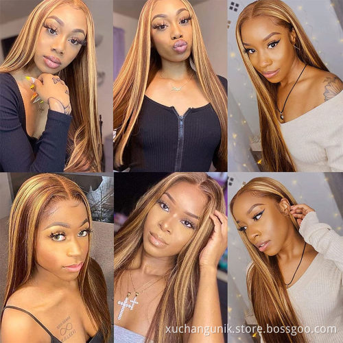 Uniky Glueless Honey Brown Blonde Highlight Color Deep Wave Brazilian Virgin Human Hair Lace Wigs For Black Woman